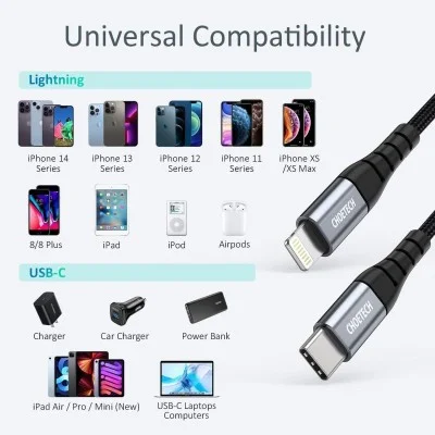 Choetech 1.2M Type-C To Lightening Mfi Nylon Braid Cable Black